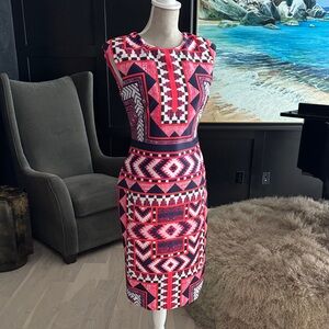 Vince Camuto Vibrant Pink and Navy Patterned Midi Dress